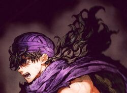  1boy black_hair blue_eyes cape commentary_request curly_hair dark dragon_quest dragon_quest_v from_side hair_over_eyes hero_(dq5) jun_(navigavi) lips long_hair looking_to_the_side male_focus manly multiple_scars nose open_mouth portrait purple_cape purple_turban scar scar_on_arm scar_on_chin scar_on_face scared solo teeth toned toned_male turban 
