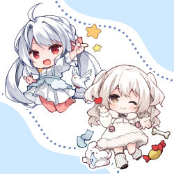  2girls :d ;) ahoge black_bow black_bowtie blush bone bow bowtie brown_eyes chibi chibi_only closed_mouth dog dress full_body fur-trimmed_dress fur_trim grey_hair hair_between_eyes hair_bow highres index_finger_raised jumping long_hair long_sleeves looking_at_viewer low_twintails midair miniskirt mouth_hold multiple_girls one_eye_closed open_hand open_mouth original outstretched_arm panties panties_in_mouth pantyhose paw_print pink_bow pink_pantyhose pleated_skirt purinpurin red_eyes short_sleeves sidelocks simple_background skirt smile split_mouth standing star_(symbol) striped_clothes striped_panties twintails two_side_up underwear very_long_hair wavy_hair white_background white_dog white_dress white_hair white_skirt 