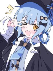  >_o 1girl :d ;d absurdres bird_hat_ornament black_bow black_bowtie black_capelet black_hat blue_hair blue_necktie blue_vest bow bowtie braid braided_hair_rings capelet collared_shirt commentary_request contrast_collar deerstalker hair_bow hair_rings hat hat_bow highres lee0fld long_sleeves looking_at_viewer mahou_shoujo_no_majo_saiban necktie one_eye_closed open_mouth shirt short_hair simple_background smile solo tachibana_sherry upper_body v v_over_eye vest white_background white_shirt yellow_eyes 