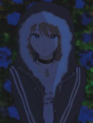  1girl black_choker blue_eyes brown_hair choker commentary_request girls_band_cry grcr_pometa1118 highres hood hood_up hooded_jacket iseri_nina jacket jewelry low_twintails necklace parted_lips shirt short_hair short_twintails solo twintails white_shirt 