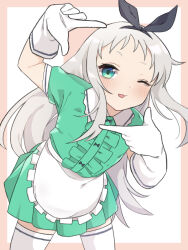  1boy :3 :d ;3 ;d apron black_hairband black_trim blend_s blush bow center_frills collared_shirt commentary_request contrast_collar cowboy_shot crossdressing crossdressing_(mtf) finger_frame floating_hair frilled_apron frills gloves green_eyes green_shirt green_skirt grey_hair hairband kanzaki_hideri kiritorisen002 leaning_to_the_side long_hair long_sidelocks looking_at_viewer male_focus miniskirt one_eye_closed open_mouth orange_bow outside_border pleated_skirt puffy_short_sleeves puffy_sleeves shirt short_eyebrows short_sleeves sidelocks simple_background skirt smile solo standing stile_uniform thigh-highs trap very_long_hair waist_apron white_apron white_background white_gloves white_thighhighs 