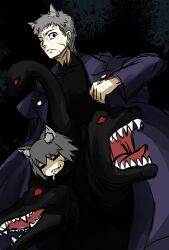  2boys animal animal_ears black_eyes black_skin black_snake cat_boy cat_ears chiizu_ore cigarette closed_eyes coat colored_skin commentary_request crocodile crocodilian floating_clothes grey_hair highres kemonomimi_mode male_focus melty_blood monster multiple_boys neco-arc_chaos nrvnqsr_chaos one_eye_closed pale_skin red_eyes sharp_teeth short_hair sketch solo teeth tongue tongue_out trench_coat tsukihime vampire veiny_face 