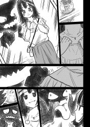  1girl charos_(cha_ros) commentary_request disembodied_head door fang haunter highres jewelry medium_hair pendant pokemon pokemon_(creature) puff_of_air shirt skin_fang skirt tongue 