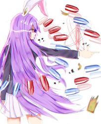  1girl absurdres animal_ears black_jacket blazer bullet commentary_request danmaku eye_trail finger_gun highres jacket light_trail long_hair long_sleeves pink_skirt pleated_skirt purple_hair rabbit_ears rabbit_girl rabbit_tail red_eyes reinoni reisen_udongein_inaba simple_background skirt solo tail touhou very_long_hair white_background 