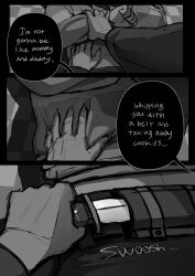  1girl 1other deltarune english_text from_behind furry furry_female greyscale_with_colored_background hand_on_another's_back highres holding holding_knife knife knife_sheath kris_(deltarune) long_sleeves monochrome oblique-lane pinned reptile_girl sheath short_hair speech_bubble striped_clothes susie_(deltarune) sweater unsheathing utdr_(toby_fox) 