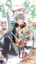  1boy aged_down arurandeisu birthday black_tank_top blue_flower blue_rose bouquet box chain chain_necklace commentary_request confetti dark-skinned_male dark_skin flower food gift gift_box green_eyes grey_hair grey_pants grey_shoes happy_birthday headphones highres hikariemochi holding holding_bouquet holostars jacket jewelry male_focus necklace pants pink_ribbon pizza red_flower red_ribbon red_rose ribbon rose shoes short_hair soda solo stuffed_toy tank_top virtual_youtuber white_flower white_rose yellow_flower yellow_rose 
