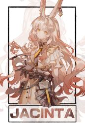  1girl absurdres animal_ears arknights bag black_bag black_gloves black_ribbon blonde_hair bracelet braid brown_dress character_name chinese_commentary closed_mouth commentary_request dress ear_ribbon gloves gradient_background hair_between_eyes highres id_card jacinta_(arknights) jewelry long_hair looking_at_viewer mido_(mido_chen) rabbit_ears rabbit_girl ribbon smile solo upper_body very_long_hair yellow_eyes zoom_layer 