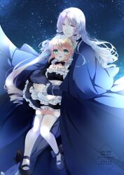  1boy 1girl age_difference apron black_bow black_bowtie black_dress blonde_hair bow bowtie braid commentary_request dress drill_hair green_ribbon hair_ribbon hetero highres hiyono_soradori hug hug_from_behind long_hair maid_apron maid_headdress night original ribbon short_dress size_difference star_(sky) thick_thighs thigh-highs thighs twin_drills twintails white_hair white_thighhighs 