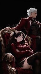  1boy 1girl absurdres ac1dl1fe archer_(fate) backlighting belt black_background black_pants black_ribbon black_shirt black_skirt black_thighhighs blue_eyes breasts brown_hair cape chair closed_mouth commentary covered_collarbone cowboy_shot crossed_arms dark-skinned_male dark_skin fate/stay_night fate_(series) feet_out_of_frame flower_knot grey_eyes hair_ribbon highres jacket long_hair long_sleeves looking_at_viewer looking_to_the_side medium_breasts miniskirt on_chair open_clothes open_jacket pants parted_bangs pleated_skirt red_cape red_jacket red_sweater ribbon shirt short_hair simple_background sitting skirt spiky_hair standing sweater tassel thigh-highs tohsaka_rin turtleneck turtleneck_sweater two_side_up v-shaped_eyebrows waist_cape wavy_hair white_belt white_hair zettai_ryouiki 