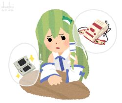 1girl collared_shirt detached_sleeves dushiido famicom frog_hair_ornament game_console green_hair hair_ornament hair_tubes handheld_game_console highres kochiya_sanae long_hair looking_at_viewer meme mifune_takashi_(style) nintendo_ds retro_games_sanae_(meme) shirt single_hair_tube snake_hair_ornament solo speech_bubble touhou white_shirt 