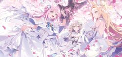  3girls angel_wings animal_ear_fluff animal_ears artist_request blonde_hair blue_archive brown_hair detached_sleeves dress falling_leaves falling_petals feathered_wings flower fox_ears hair_flower hair_ornament halo leaf long_hair long_sleeves low_wings mika_(blue_archive) multiple_girls nagisa_(blue_archive) petals pink_hair pink_halo seia_(blue_archive) short_sleeves tea_party_(blue_archive) white_dress white_wings wings yellow_eyes yellow_halo 