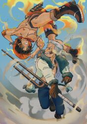  2boys absurdres black_hair blue_sky body_freckles boots commentary english_commentary fire freckles fur-trimmed_jacket fur_trim gloves hat highres holding holding_weapon jacket jitte male_focus multiple_boys one_piece orange_hat outdoors pants peterokii portgas_d._ace sky smile smoker_(one_piece) undercut upside-down weapon 