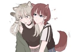  2girls animal_ears black_shirt blue_eyes blush breasts brown_hair commentary dog_ears dog_girl dog_tail girls_band_cry grcr_pometa1118 green_jacket grey_eyes grey_hair heart highres iseri_nina jacket kawashiro_nitori kemonomimi_mode long_hair low_twintails medium_breasts multicolored_hair multiple_girls roots_(hair) shirt short_hair short_sleeves short_twintails simple_background sleeveless sleeveless_shirt tail tiger_ears tiger_girl tiger_tail twintails white_background yuri 
