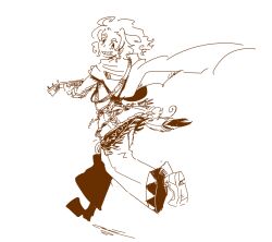  1boy bard_(sekaiju) bard_3_(sekaiju) boots brown_theme cloak commentary_request from_behind full_body grin holding_lute jewelry looking_at_viewer male_focus medium_hair motimamire pants running sekaiju_no_meikyuu sekaiju_no_meikyuu_3 simple_background sketch smile solo turning_head white_background 