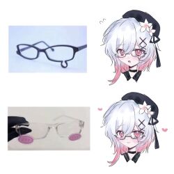  1girl :3 beret black_choker black_hat blush blush-framed_glasses bumo choker commentary flower gradient_hair hair_flower hair_ornament hat hat_flower hat_ribbon heart highres looking_at_viewer mahou_shoujo_no_majo_saiban meme multicolored_hair multiple_views open_mouth photo_inset pink_eyes pink_hair portrait ribbon sakuraba_ema semi-rimless_eyewear short_hair simple_background teardrop-framed_glasses under-rim_eyewear untranslatable_commentary white_background white_flower white_hair x_hair_ornament yellow_trying_expressive_glasses_(meme) 
