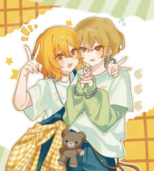  1boy 1girl absurdres arm_around_neck blonde_hair blue_overalls blue_pants blush bracelet clothes_around_waist commentary cowboy_shot don_quixote_(project_moon) double_v embarrassed flying_sweatdrops highres interlocked_fingers jacket jacket_around_waist jewelry kaiteizaiju layered_sleeves limbus_company long_sleeves notice_lines official_alternate_costume open_mouth overalls own_hands_together pants plaid_clothes plaid_jacket print_shirt project_moon shirt short_hair short_over_long_sleeves short_sleeves side-by-side sinclair_(project_moon) smile star_(symbol) strap_slip stuffed_animal stuffed_toy teddy_bear v white_shirt yellow_eyes 