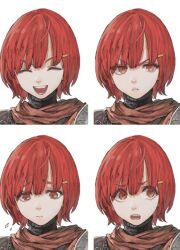  1girl :d angry armor belt belt_buckle buckle cape closed_mouth commentary_request eyelashes fantasy frown hair_between_eyes hair_ornament hairclip jun_(navigavi) leather leather_armor lips looking_to_the_side multiple_expressions multiple_views nose open_mouth original parted_lips pauldrons red_cape red_eyes red_hair serious short_hair shoulder_armor simple_background single_pauldron smile spear_(navigavi) surprised teeth white_background worried 
