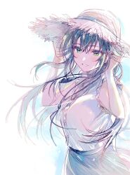  1girl brown_hat commentary frilled_sleeves frills gakuen_idolmaster green_eyes green_hair hands_on_headwear hat idolmaster kirisawa_saki long_hair shirt sleeveless sleeveless_shirt solo straw_hat sun_hat tsukimura_temari untranslatable_commentary upper_body white_shirt 
