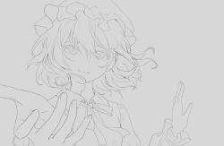  1girl collared_dress commentary_request dress hat kanade_sep lineart long_sleeves looking_at_viewer maribel_hearn medium_hair mob_cap monochrome neck_ribbon reaching reaching_towards_viewer ribbon simple_background smile solo touhou upper_body 