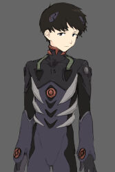  1boy black_hair blue_eyes closed_mouth commentary_request grey_background highres ikari_shinji interface_headset_(evangelion) looking_at_viewer male_focus mecha_pilot_suit neon_genesis_evangelion plugsuit_(evangelion) rebuild_of_evangelion short_hair simple_background solo straight-on takuanoisi 