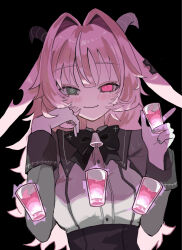  1girl alcohol animal_ears asymmetrical_horns backward-facing_horns bell bell_bow black_background black_mouth blush bow bowtie breasts buttons closed_mouth commentary cross-shaped_pupils cup demon_girl drinking_glass femme_soule goat_horns hair_between_eyes hair_intakes happy heart heterochromia highres horns long_hair looking_at_viewer medium_breasts mismatched_horns notched_ear pink_eyes pink_hair pukey_goddess_shot_trick shot_glass simple_background smile solo symbol-shaped_pupils usako2201min 