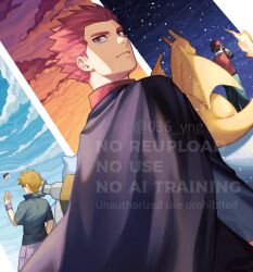  3boys black_cape black_shirt blastoise blue_oak brown_hair cape charizard closed_mouth clouds commentary_request grey_eyes hat lance_(pokemon) looking_back male_focus multiple_boys pants poke_ball pokemon pokemon_(creature) pokemon_firered_and_leafgreen red_(pokemon) red_hair red_hat red_vest shirt short_hair short_sleeves sky twitter_username ultra_ball vest watermark wristband y_(nekoyanagi) 