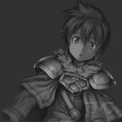  1boy al_(fire_emblem) armor artist_name cape deviantart_username english_commentary fire_emblem fire_emblem:_hasha_no_tsurugi greyscale looking_at_viewer male_focus monochrome open_mouth pauldrons shoulder_armor treijim upper_body watermark 