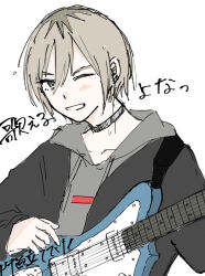  1girl alternate_hair_length_(shorter) alternate_hairstyle black_jacket commentary electric_guitar girls_band_cry grcr_pometa1118 grey_eyes grey_hair grey_hoodie guitar highres hood hood_down hoodie instrument jacket kawaragi_momoka multicolored_hair one_eye_closed open_clothes open_jacket open_mouth roots_(hair) simple_background solo sweat translation_request upper_body white_background 