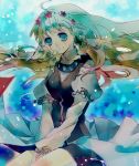  aqua_background bad_id blonde_hair coat flower frills green_eyes hairband imouto_111 kneeling long_hair shirley_fennes shorts smile solo tales_of_(series) tales_of_legendia v_arms 
