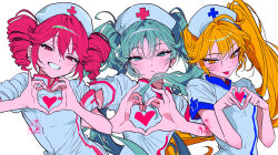 3girls :< absurdres ahoge akita_neru aqua_eyes aqua_hair armband artist_logo blonde_hair blue_trim closed_mouth collared_shirt cross dixretsa double-parted_bangs drill_hair eyelashes hair_between_eyes half-closed_eyes hat hatsune_miku heart heart_hands high_collar highres kasane_teto light_blush logo long_hair looking_at_viewer medium_hair multiple_girls nurse nurse_cap red_cross red_eyes red_hair red_trim shirt short_sleeves side_ponytail sidelocks signature simple_background sleeves_rolled_up smile teeth tongue tongue_out triple_baka_(group) twin_drills twintails upper_body utau vocaloid white_shirt yellow_eyes 