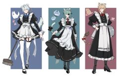  3boys absurdres alternate_costume anaxa_(honkai:_star_rail) animal_ears animal_hands antenna_hair apron back_bow black_bow black_dress black_pantyhose black_shoes blue_background blue_bow blue_bowtie blue_eyes border bow bowtie braid broom buttons cat_boy cat_ears cat_tail clenched_hand closed_mouth clothes_lift collared_dress commentary crossdressing crossdressing_(mtf) cup dog_boy dog_ears dog_tail dress dress_lift dromas_(honkai:_star_rail) empty_eyes enmaided eyepatch facial_mark food frills full_body garter_straps green_background green_hair hair_between_eyes hair_ornament hair_tubes hand_on_own_hip highres holding holding_broom holding_tray honkai:_star_rail honkai_(series) juliet_sleeves kemonomimi_mode lifting_own_clothes lion_boy lion_ears lion_tail long_dress long_hair long_sleeves looking_at_viewer low_ponytail maid maid_headdress male_focus medium_hair multiple_boys mydei_(honkai:_star_rail) orange_eyes orange_hair outside_border pancake pantyhose papajay_(jennygin2) phainon_(honkai:_star_rail) plate ponytail puffy_sleeves red_background red_bow red_bowtie shoes short_dress short_hair side_braid single_braid single_hair_tube smile standing tail tail_bow tail_ornament tea teacup teeth thigh-highs tray untranslatable_commentary v-shaped_eyebrows violet_eyes waist_apron white_apron white_border white_bow white_hair white_thighhighs 