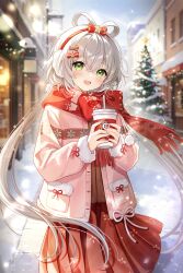  1girl :d absurdres alternate_costume architecture blurry blurry_background blush bow brown_skirt building chinese_commentary christmas christmas_ornaments christmas_tree commentary_request cup day disposable_cup earmuffs feixianji_(hairstyle) fringe_trim fur_trim green_eyes grey_hair hair_between_eyes hair_bow hair_ornament hair_rings hairband highres holding holding_cup jacket long_hair long_sleeves looking_at_viewer low_twintails luo_tianyi miaoa_laoshi mixue open_clothes open_jacket open_mouth outdoors pink_jacket pleated_skirt red_bow red_hairband red_scarf red_skirt scarf shirt skirt smile solo standing twintails very_long_hair vocaloid vsinger_(vocaloid) 