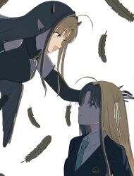  2girls awa_subaru black_dress black_hair blue_jacket commentary_request diagonal-striped_clothes diagonal-striped_necktie dress dual_persona elbow_gloves falling_feathers feathers girls_band_cry girls_band_cry_rpg gloves grcr_pometa1118 hair_ribbon highres horns jacket long_hair multiple_girls necktie open_mouth parted_lips pointy_ears ribbon shirt sidelocks simple_background striped_clothes striped_necktie violet_eyes white_background white_ribbon white_shirt wings 