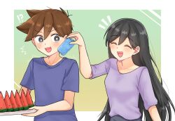  !? 1boy 1girl alternate_costume antenna_hair black_eyes black_hair blue_shirt bright_pupils brown_hair can closed_eyes collarbone commentary_request dark-skinned_male dark_skin double-parted_bangs food fruit hair_behind_ear hair_between_eyes hero_(faraway)_(omori) hero_(omori) highres holding holding_can holding_tray long_hair looking_at_another mari_(faraway)_(omori) mari_(omori) omori open_mouth purple_shirt ryo_pen17 shirt short_hair short_sleeves sweatdrop teeth tongue tray upper_teeth_only watermelon watermelon_slice white_pupils 