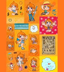  1girl armor bandaged_hand bandages bandaid bandaid_on_face bandaid_on_forehead bangle beads bikini bikini_top_only blue_kimono blue_ribbon blush boots bracelet camisole can character_name chibi chibi_only clima-tact clouds commentary crying crying_with_eyes_open denim dress earrings english_commentary flower food fruit full_body gold_bangle green_bikini green_camisole grin hair_beads hair_ornament hair_ribbon hat headphones high_ponytail highres holding holding_paper holding_staff japanese_armor japanese_clothes jeans jewelry jumping kimono leotard log_pose long_hair looking_at_viewer mandarin_orange mimscosara miniskirt multiple_expressions multiple_views nami_(one_piece) navel obi official_alternate_costume official_alternate_hairstyle one_eye_closed one_piece open_mouth orange_hair pants paper pearl_earrings pink_boots ponytail purple_dress red_kimono red_shoes ribbon sandals sash scared shirt shoes short_hair shoulder_tattoo sitting skirt sleeveless sleeveless_kimono smile sparkle staff standing sticker_sheet_(medium) stomach straw_hat swimsuit tattoo tears tongue tongue_out v violet_eyes wanted_poster wariza wavy_hair white_leotard white_shirt yellow_flower yellow_skirt zeus_(one_piece) 