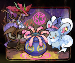  ascot black_border border candle cinccino commentary_request dragalge hat holding holding_wand in_container in_jar jar kantarou_(8kan) lileep magic_circle no_humans open_mouth pokemon pokemon_(creature) wand witch_hat 