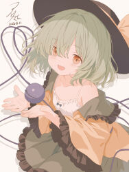  1girl absurdres black_hat blush bow buttons camisole collared_shirt commentary_request dated diamond_button disembodied_linked_eye eyeball frilled_shirt_collar frilled_sleeves frills green_hair green_skirt hat hat_bow heart heart_of_string highres iris-san komeiji_koishi long_sleeves looking_at_viewer medium_hair open_clothes open_mouth open_shirt shadow shirt signature skirt smile solo touhou white_camisole wide_sleeves yellow_bow yellow_eyes yellow_shirt 