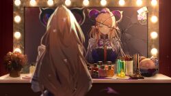  1girl :d ;d absurdres arknights arknights:_endfield bow broken_mirror closed_eyes commentary demon_horns gloves hair_ornament hairband highres horns light_smile liino_(arknights) makeup mirror one_eye_closed open_mouth partially_fingerless_gloves purple_bow purple_gloves reflection smile solo table tsumeki vanity_table 