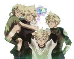  1girl 4boys aged_down armor arms_behind_head arms_up artist_name bandaid bandaid_on_knee bandaid_on_leg belt belt_buckle blonde_hair blue_eyes bouquet buckle carrying closed_mouth cloud_strife commentary cowboy_shot crisis_core:_final_fantasy_vii final_fantasy final_fantasy_vii final_fantasy_vii_remake green_scarf green_shirt highres holding holding_bouquet looking_at_viewer low_ponytail male_focus moogle multiple_boys multiple_persona multiple_views open_mouth piggyback ponytail scarf shinra_infantry_uniform shirt short_hair shorts shoulder_armor sleeveless sleeveless_turtleneck smile spiky_hair suspenders sweater t-shirt tori_(labyrinth_fft) turtleneck turtleneck_sweater twitter_username untranslatable_commentary upper_body white_background white_shirt 