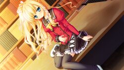  1girl akashi_kokoro arm_at_side arm_support black_sailor_collar black_skirt blonde_hair blue_eyes bookshelf bow bowtie breasts buttons chair closed_mouth cross-laced_clothes double-breasted dutch_angle evening frilled_skirt frills game_asset grey_thighhighs hair_ribbon half_updo hand_on_own_stomach head_tilt indoors juliet_sleeves knees_together_feet_apart long_hair long_sleeves looking_at_viewer minase_lin miniskirt non-web_source on_table orange_memories pink_ribbon pleated_skirt puffy_sleeves red_shirt ribbon ribbon_trim sailor_collar self-datamine shirt shoes single_sidelock sitting skirt sleeve_cuffs small_breasts solo table teardrop thigh-highs tress_ribbon uwabaki wavy_hair white_shoes yellow_bow yellow_bowtie 