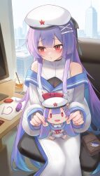  1girl aba_aba_aba_aba absurdres bag bare_shoulders beret blue_hair blush character_doll city commentary_request cup doll dress drinking_glass hair_ornament hat highres long_hair looking_to_the_side monitor multicolored_hair purple_hair red_eyes sitting solo very_long_hair warship_girls_r white_dress yingtan_(warship_girls_r) 
