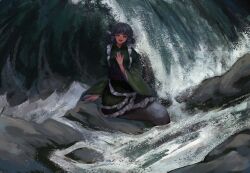  1girl absurdres blue_hair blue_sash blunt_bangs drill_hair drill_sidelocks fins frilled_kimono frills green_kimono hand_on_own_chest head_fins highres japanese_clothes kimono looking_at_viewer merfolk mermaid monster_girl nanaironokabi obi on_rock open_mouth outdoors red_ribbon ribbon rock sash short_hair sidelocks sitting smile soaking_feet solo teeth touhou upper_teeth_only wakasagihime water waves wide_sleeves 