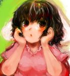  animal_ears bad_id black_hair blush bunny_ears bust face hands_on_cheeks hands_on_own_cheeks hands_on_own_face highres inaba_tewi maccha_cocoa red_eyes short_hair solo touhou 