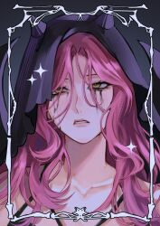  1girl alien_stage aosenai black_veil black_wings commentary demon_girl demon_horns demon_wings english_commentary highres horns long_hair looking_to_the_side makeup mizi_(alien_stage) pink_hair redrawn runny_makeup solo veil wings yellow_eyes 