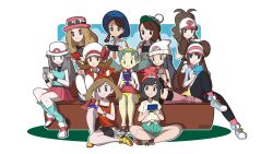  6+girls aqua_hair bag bandana baseball_cap beanie bike_shorts bike_shorts_under_shorts black_pantyhose blonde_hair blue_hair boots bow brown_bag brown_hair bucket_hat cable_knit cardigan commentary controller donut_hair_bun double_bun english_commentary eyewear_on_headwear floral_print game_boy game_boy_advance game_boy_color game_controller gloria_(pokemon) green_hat green_shorts grey_cardigan hair_bun handheld_game_console hat hat_bow high_ponytail highres hikari_(pokemon) hilda_(pokemon) holding holding_handheld_game_console hood hooded_cardigan juliana_(pokemon) kris_(pokemon) leaf_(pokemon) leehzart loose_socks lyra_(pokemon) may_(pokemon) multiple_girls naranja_academy_school_uniform necktie newsboy_cap nintendo nintendo_3ds nintendo_ds nintendo_ds_lite nintendo_switch nintendo_switch_pro_controller orange_necktie pantyhose pink_boots pink_hat pink_skirt poke_ball_print poke_ball_symbol pokemon pokemon_(anime) pokemon_(creature) pokemon_diamond/pearl/platinum pokemon_firered_and_leafgreen pokemon_gold/silver/crystal pokemon_heartgold_and_soulsilver pokemon_ruby/sapphire/emerald pokemon_scarlet_and_violet pokemon_sun_and_moon pokemon_sword_and_shield pokemon_the_series:_xy ponytail raglan_sleeves red_bandana red_hat red_scarf red_shirt red_skirt rosa_(pokemon) scarf school_uniform selene_(pokemon) serena_(pokemon) shirt shorts shorts_under_shorts skirt sleeveless sleeveless_shirt socks sunglasses t-shirt tied_shirt twintails visor_cap white-framed_eyewear white_hat wristband yellow_hat yellow_shirt yellow_shorts 