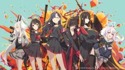  6+girls ahoge anti-materiel_rifle anzio_ironworks_20mm_rifle armband assault_rifle black_choker black_hair black_sailor_collar black_serafuku black_skirt black_thighhighs black_wings blue_archive blue_hair bolt_action bullpup choker closed_eyes commentary_request double-barreled_shotgun em-2 explosion explosion_background feathered_wings grey_skirt gun hair_ornament hairclip halo hasumi_(blue_archive) head_wings highres ichika_(blue_archive) lever_action long_hair long_skirt long_sleeves looking_at_viewer low_wings mashiro_(blue_archive) melting_halo miniskirt multiple_girls neckerchief official_art open_mouth p14_enfield pleated_skirt pump_action purple_halo red_armband red_eyes red_halo red_neckerchief reisa_(blue_archive) rifle sailor_collar school_uniform serafuku short_hair shotgun side_slit sig_mcx sig_sauer single_head_wing skirt sniper_rifle standard_manufacturing_dp-12 star_(symbol) star_hair_ornament suzumi_(blue_archive) thigh-highs tomari_(veryberry00) tongue tongue_out tsurugi_(blue_archive) twintails very_long_hair violet_eyes weapon white_hair winchester_model_1887 wings 