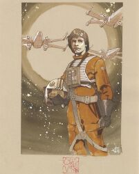 1boy artist_name black_gloves bodysuit brown_gloves gloves helmet highres holding holding_unworn_helmet luke_skywalker olivier_vatine orange_bodysuit short_hair solo spacecraft star_wars star_wars:_the_empire_strikes_back unworn_headwear unworn_helmet x-wing 