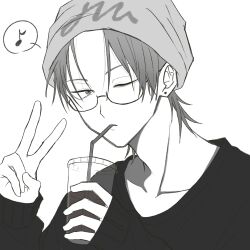  1boy 28_niya_llo alien_stage beanie commentary cup drinking drinking_straw earrings eighth_note glasses greyscale hat highres holding holding_cup jewelry male_focus monochrome musical_note one_eye_closed portrait solo spoken_musical_note sweater till_(alien_stage) v 