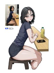  1girl absurdres animification artist_name black_eyeshadow black_hair blue_shirt blue_shorts closed_mouth commentary counter english_commentary eyeshadow grey_eyes highres looking_at_viewer makeup nisp_art original parted_bangs photo_inset pink_lips reference_inset shirt shorts thighs white_background 