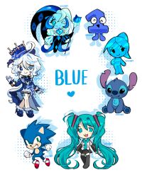  2boys 3girls :3 absurdly_long_hair aqua_eyes aqua_hair aqua_necktie aqua_skin artist_name ascot battle_for_dream_island black_boots black_skirt blue_ascot blue_bow blue_eyes blue_hat blue_jacket blue_pupils blue_shoes blue_theme boots bow chibi chibi_only clenched_hands closed_eyes closed_mouth collared_shirt color_connection colored_skin commentary cookie_run cookie_run:_kingdom detached_sleeves drop_shadow elemental_(creature) english_commentary english_text eyelashes fireboy_and_watergirl footwear_bow full_body furina_(genshin_impact) genshin_impact gloves green_eyes grey_shirt hair_between_eyes hat hatsune_miku heart hedgehog_boy heterochromia high_heels holding holding_scepter jacket lilo_&amp;_stitch long_hair long_sleeves mismatched_pupils multiple_boys multiple_girls necktie nostrils one_(bfdi) one_eye_closed open_mouth ponytail red_shoes scepter shadow_milk_cookie shirt shoes sitting skirt smile sonic_(series) sonic_the_hedgehog stitch_(lilo_&amp;_stitch) striped_bow symbol-shaped_pupils thigh_boots thigh_strap twintails very_long_hair vixiiart vocaloid watergirl white_background white_gloves white_hair 